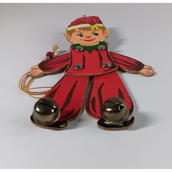 Vtg Wood Pull String Elf Ornament Toy Japan Christmas Holiday Decor Bells - Picture 7 of 8